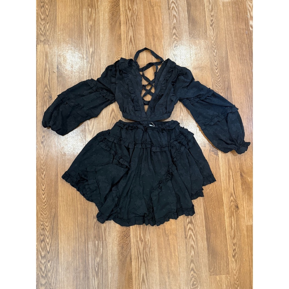 Peach Love Two Piece Dress‎ Set Womens Small Black Textured Ruffle Lace Up Boho